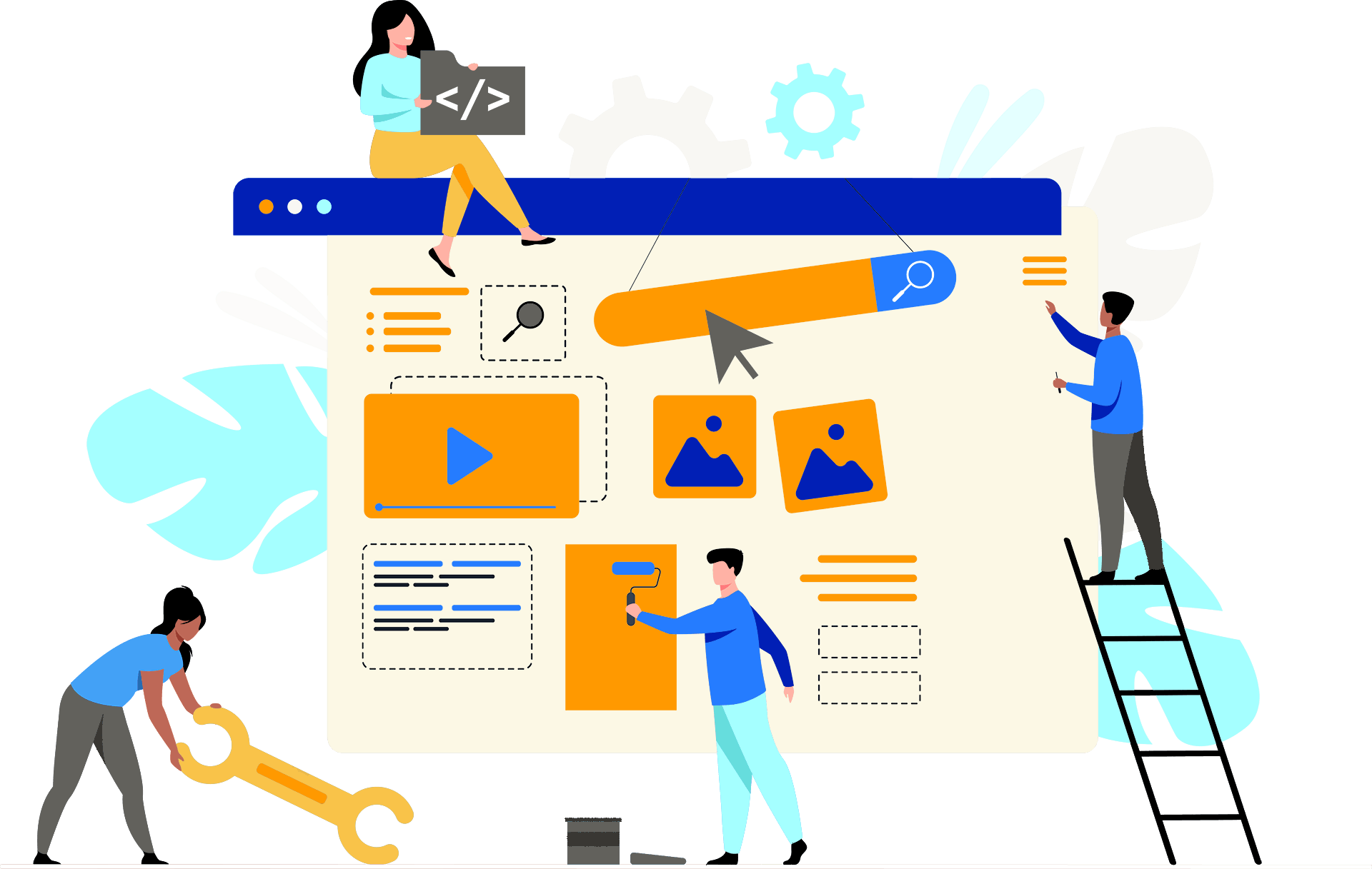 Illustration of a team constructiing website landing home page