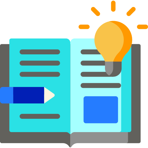 An open book, pen and bulb indicating case study